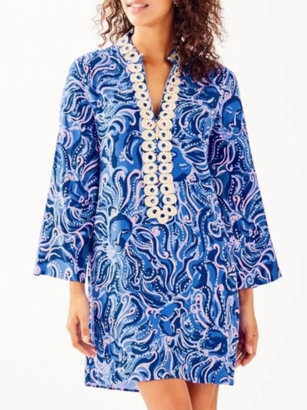 Lilly Pulitzer Gracelynn Coastal Blue zip Front Gold Lace Trim Tunic Dress sz 4